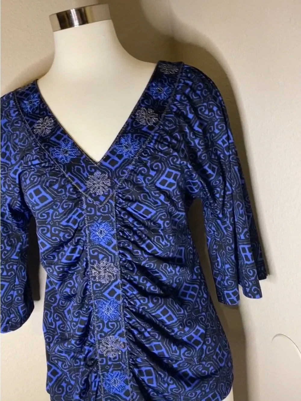 Women's Blue V-Neck Ruched Top with Embellished Buttons